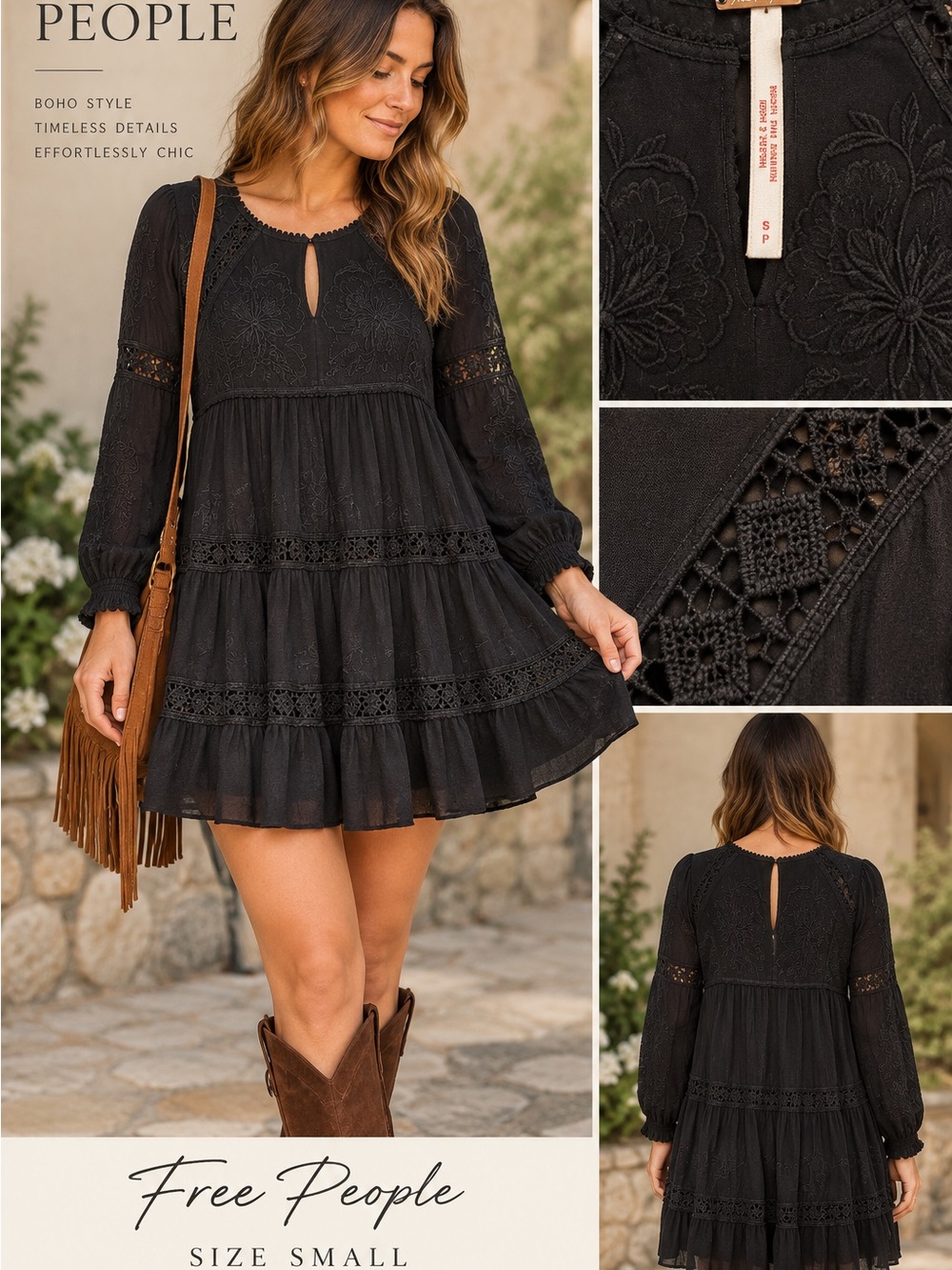 Free People Black Embroidered Crochet Boho Mini Dress S